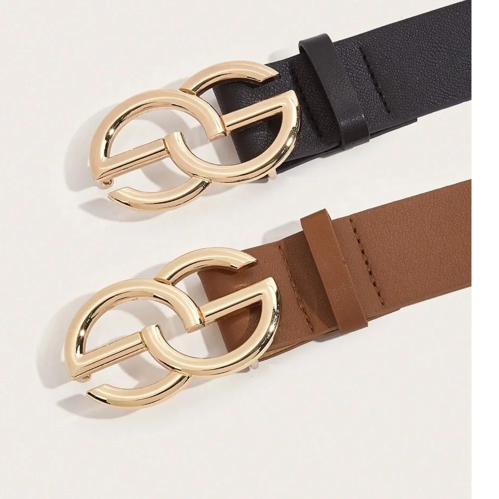 Classic Vegan Leather Gold Tone Buckle Belt Set